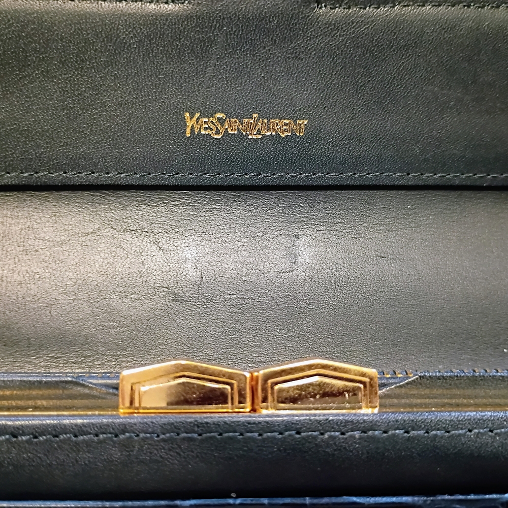 Vintage Yves Saint Laurent Croc Embossed Convertible Wallet Clutch w/ Gold Chain - Picture 8 of 14
